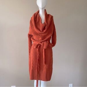 Burnt Orange Thick Sweater Cowl Neck Long Sleeve Mini Dress